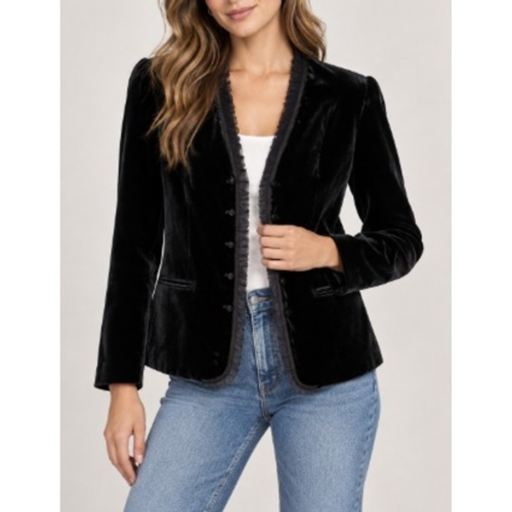 DKNY Donna Karan New York Women's Black Tie Ruffle Trim Blazer Jacket Size L